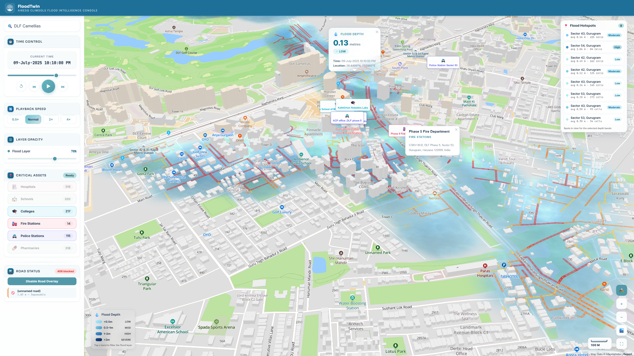 FloodTwin 3D flood decision interface for Gurugram