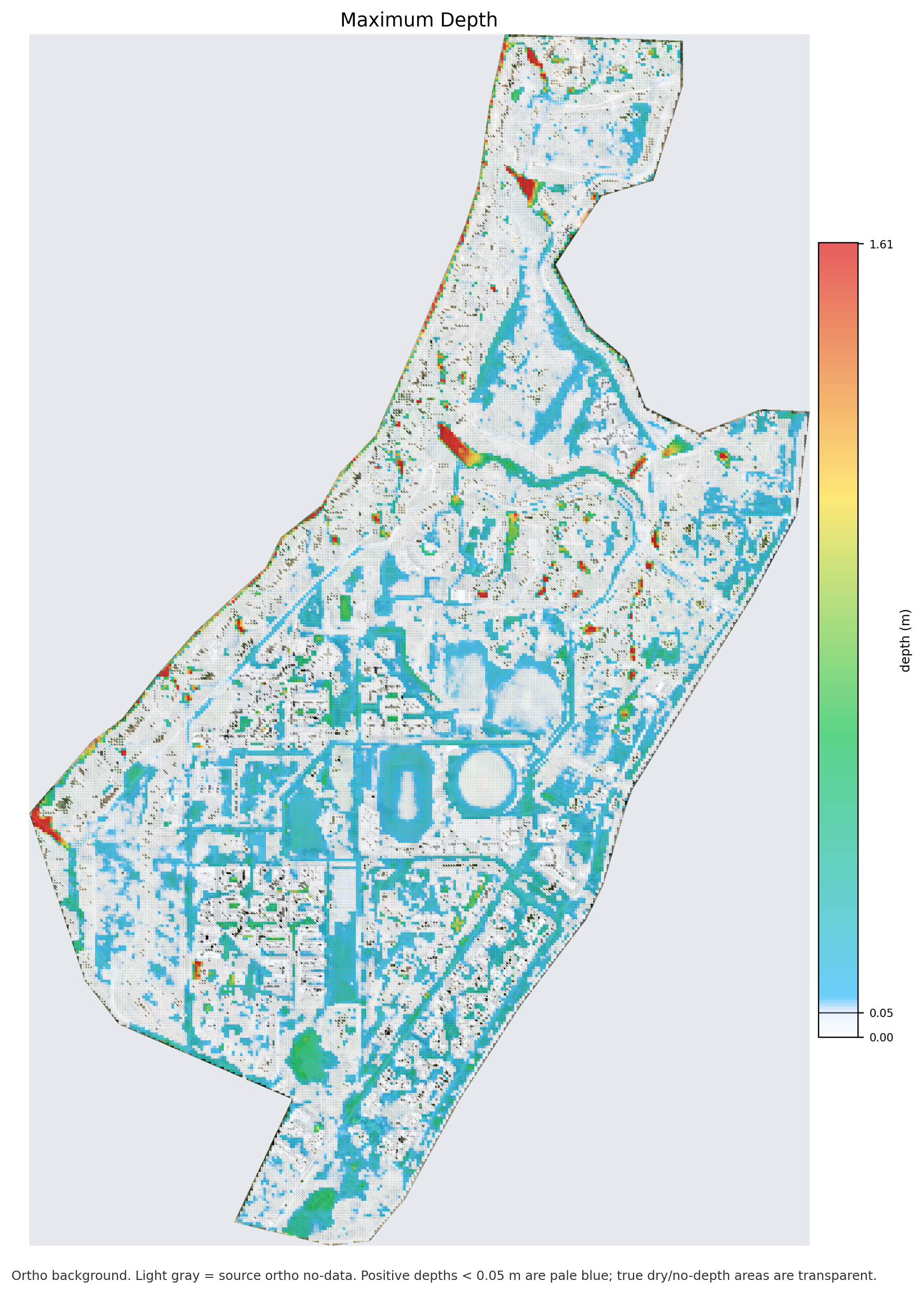 Campus-scale surface water depth mapped over the IIT Gandhinagar orthomosaic