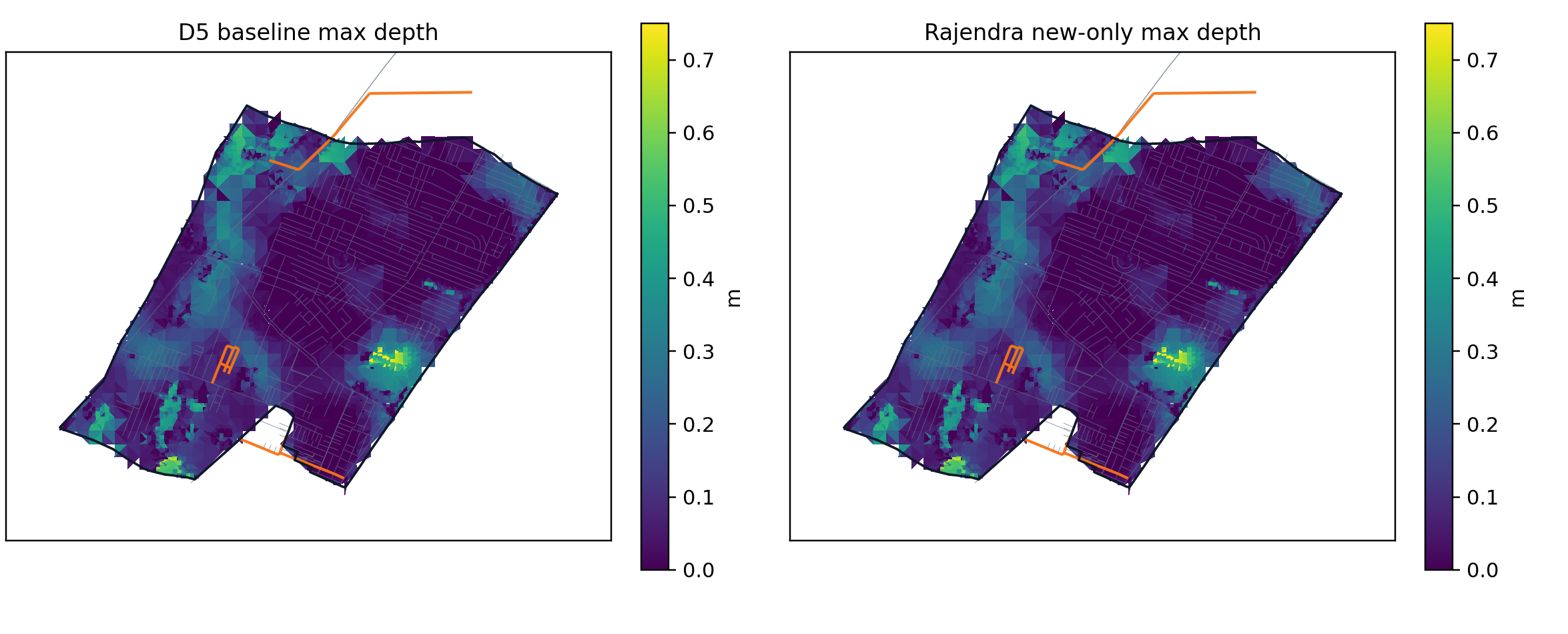 Rajendra Ward 34 baseline and proposed-work maximum flood depth comparison